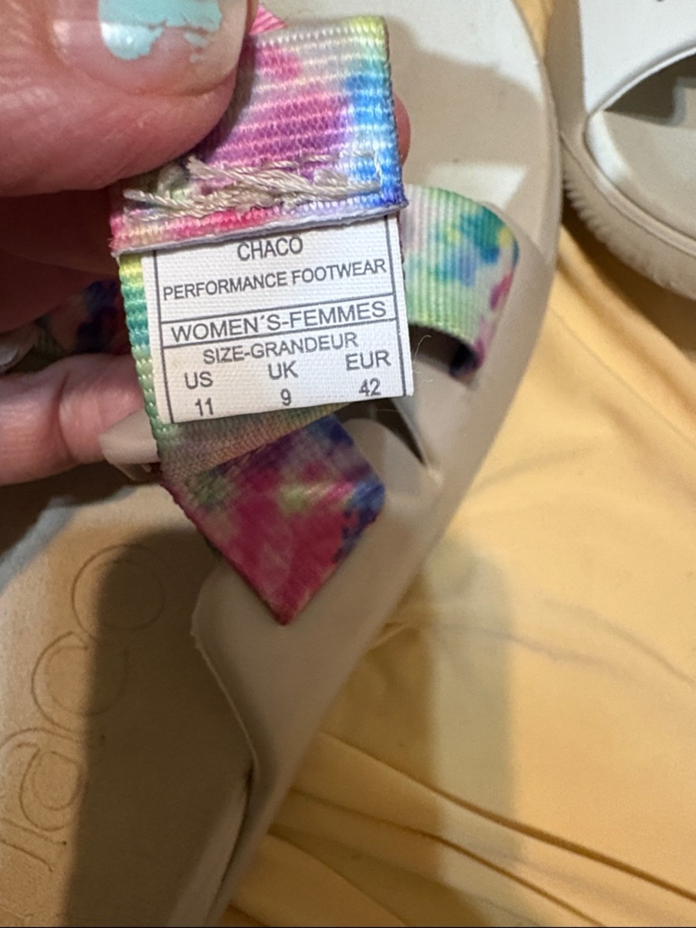 Chaco Slide Sandals in Beige and Black with Rainbow Tie-Dye Straps - Picture 10 of 11